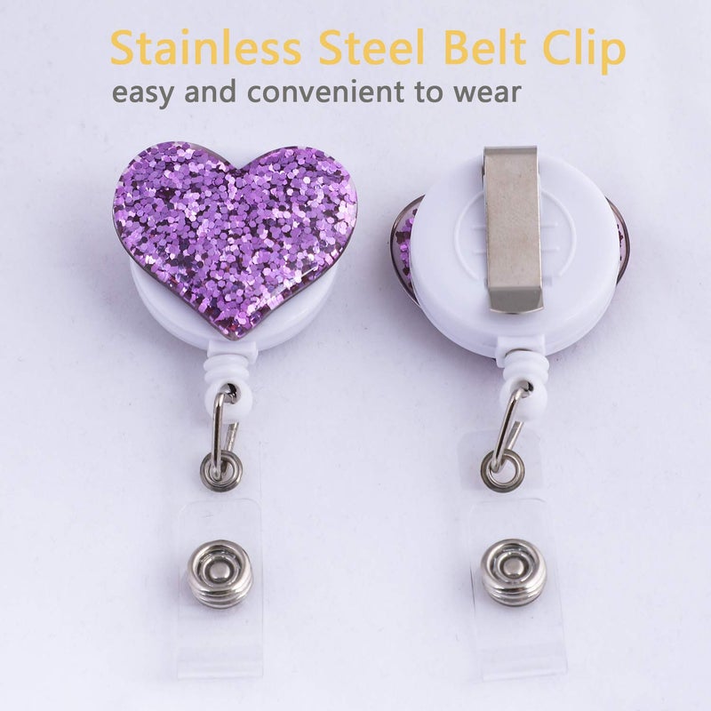 Soleebee 28'' Retractable Badge Reel with Belt Clip, Glitter Love Heart Nurse ID/Name Badge Holder 1 Pack (Purple) - Image 2